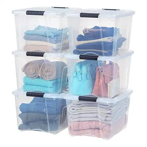 IRIS USA 40 Qt Stackable Plastic Storage Bins with Lids, 6 Pack - BPA-Free, Made in USA - See-Through Organizing Solution, Latches, Durable Nestable Containers, Secure Pull Handle - Clear