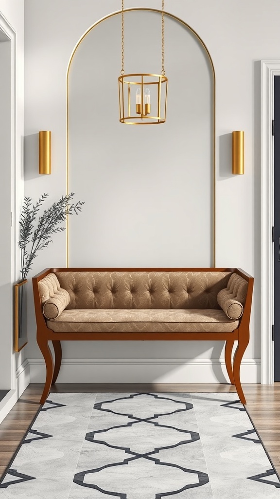 Art Deco inspired entryway bench with tufted upholstery and elegant wooden frame.