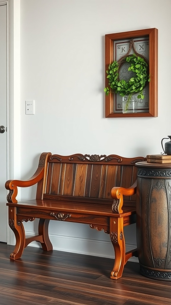 Artisan handcrafted wooden bench in a stylish entryway