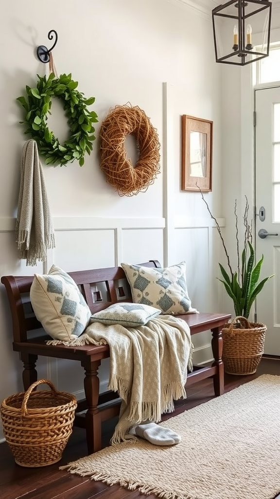 Cozy entryway bench with throw blanket and pillows