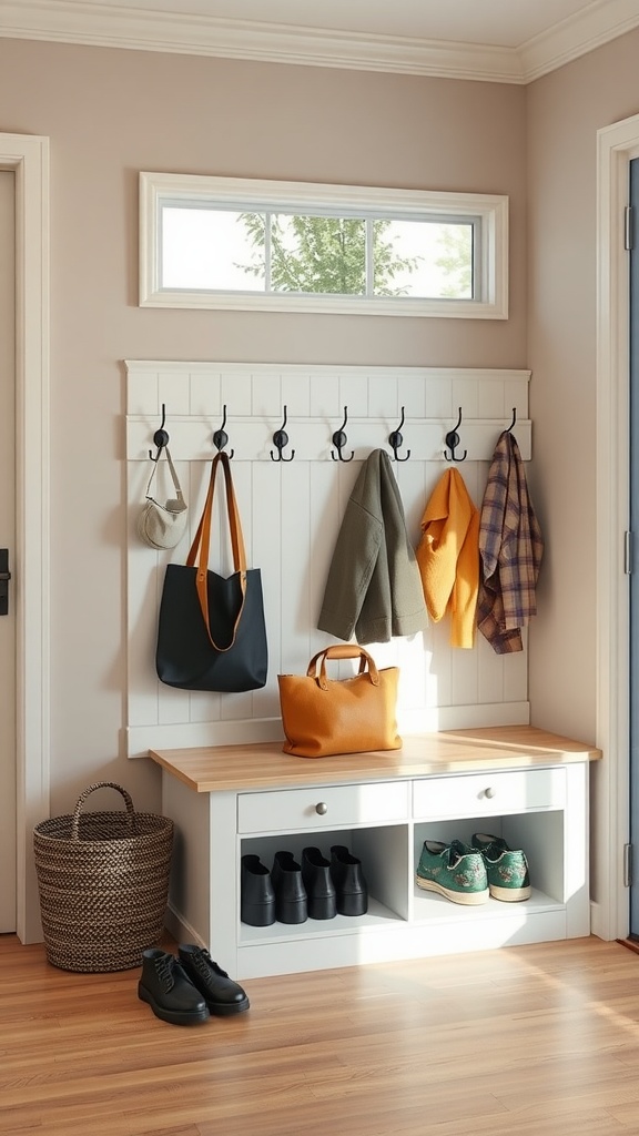 Entryway bench with hooks and shelf for organization