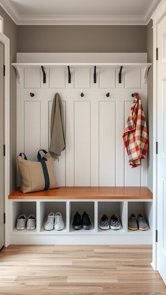 Entryway bench with shoe storage and hooks for coats and bags.