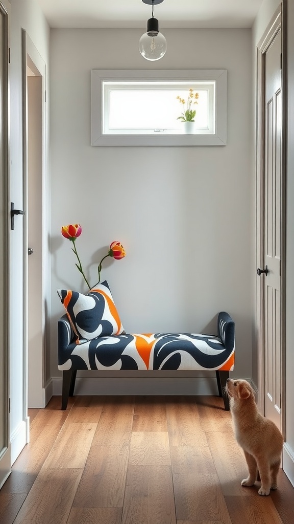 A colorful graphic print bench with a pillow in a bright entryway with wooden flooring.