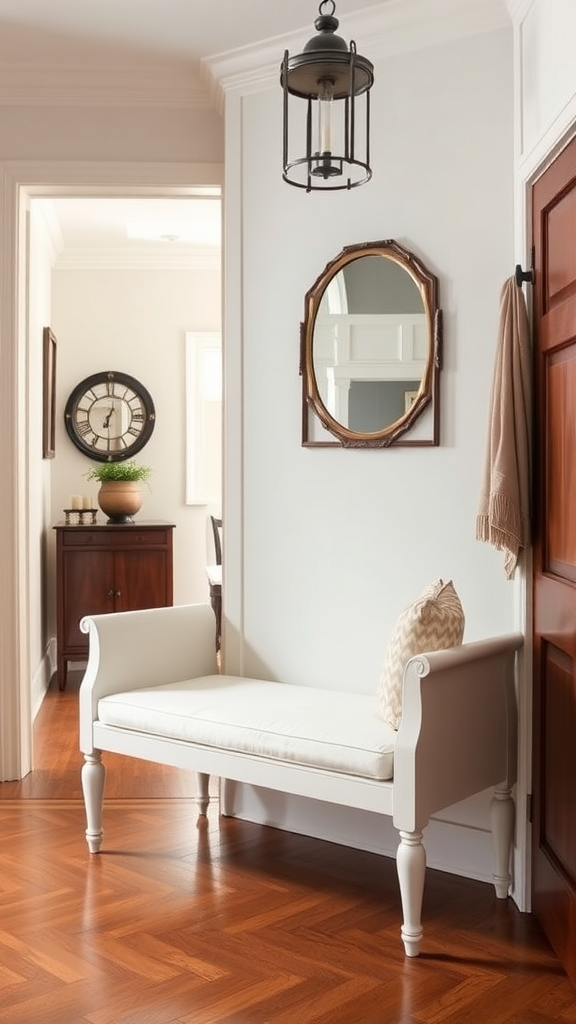 A classic bench in a bright entryway with natural light and plants.