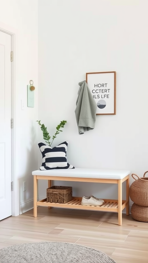 A compact foldable bench in a stylish entryway with wooden flooring and a decorative wall.