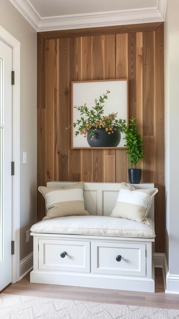 Custom built-in bench with cushion in a bright entryway.