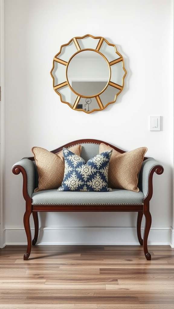 Elegant entryway bench with accent pillows and a round mirror above it.