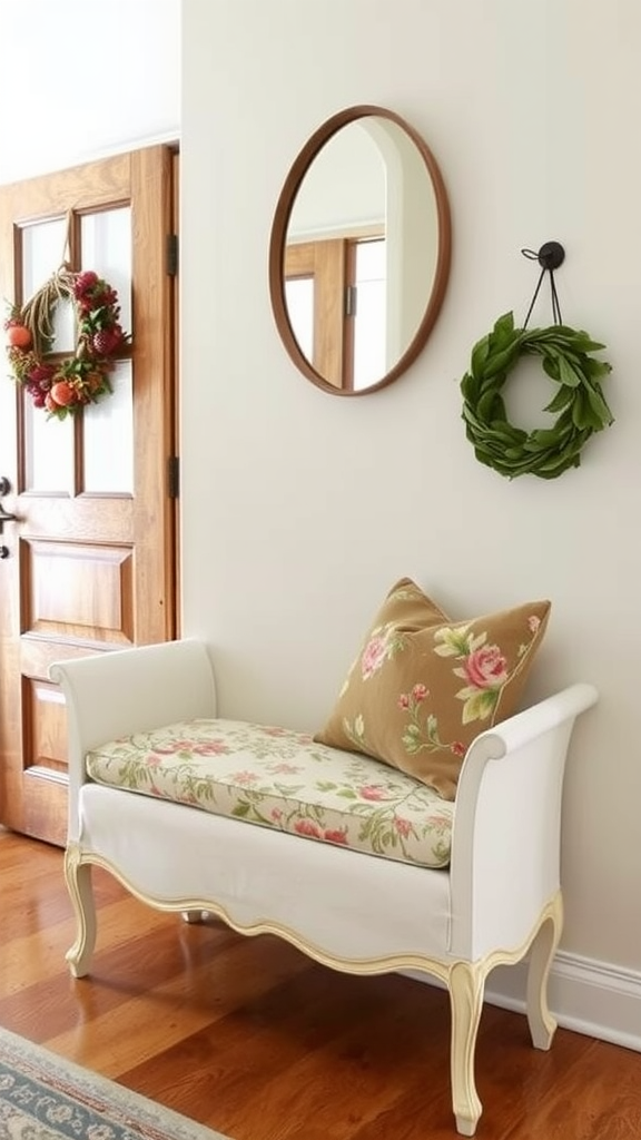 A white French country style bench with floral cushions in a wooden entryway.