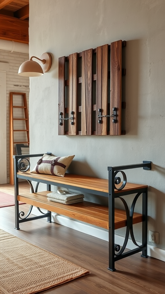 An industrial metal and wood bench in a stylish entryway.