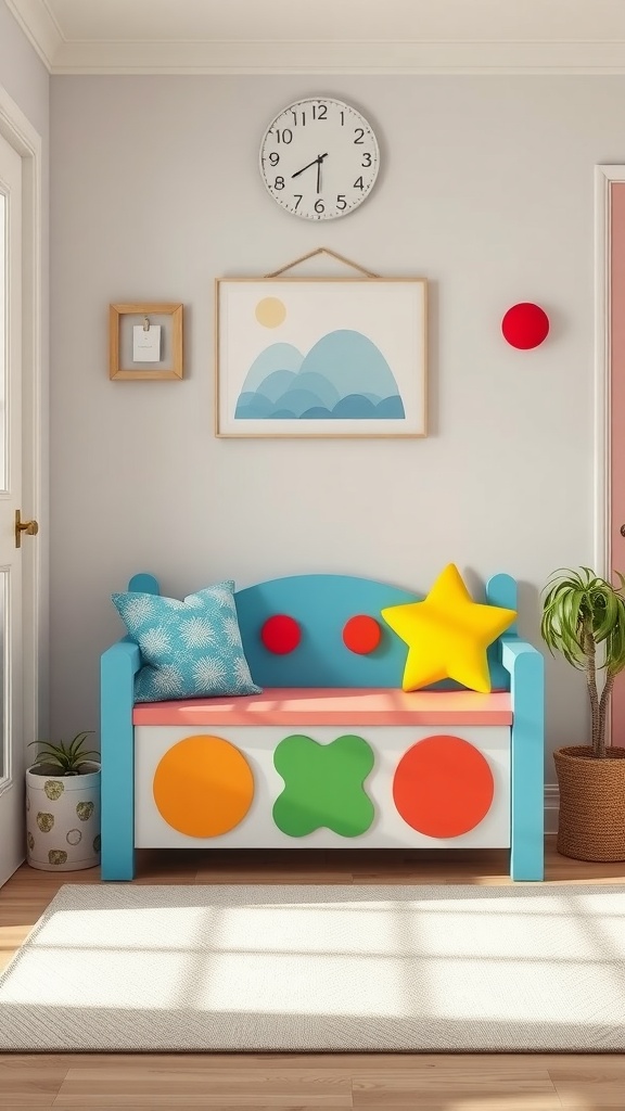 A colorful kids' bench with playful shapes in an entryway setting.