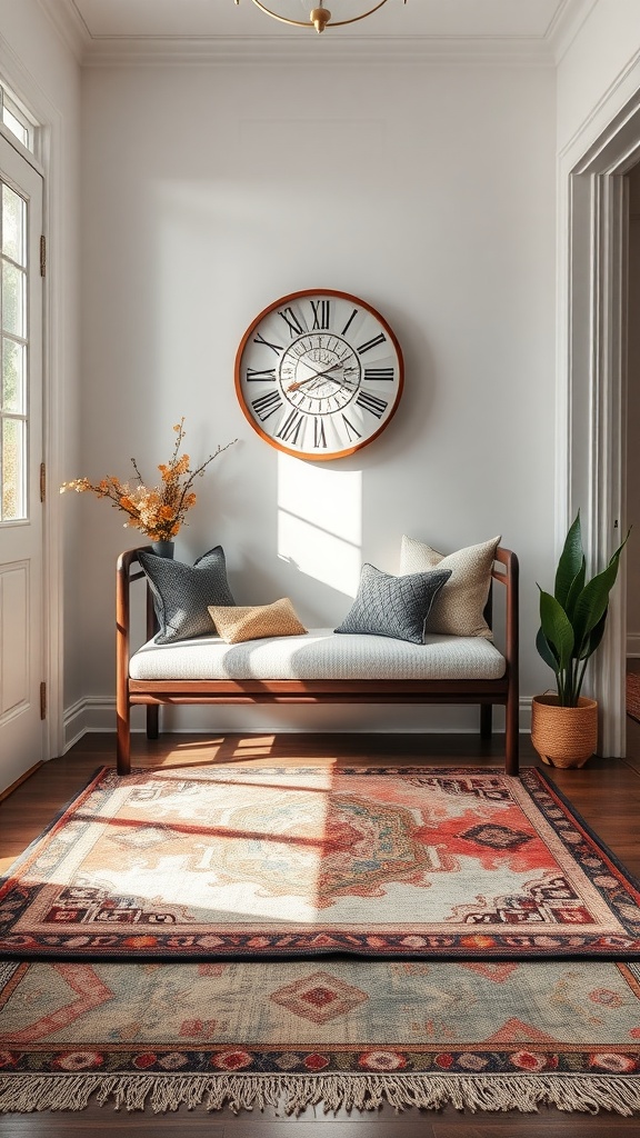 A cozy entryway featuring a wooden bench with pillows, layered rugs, and a decorative clock on the wall.