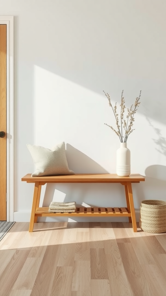 A minimalist Scandinavian design bench with drawers and wooden legs, positioned against a light-colored wall.