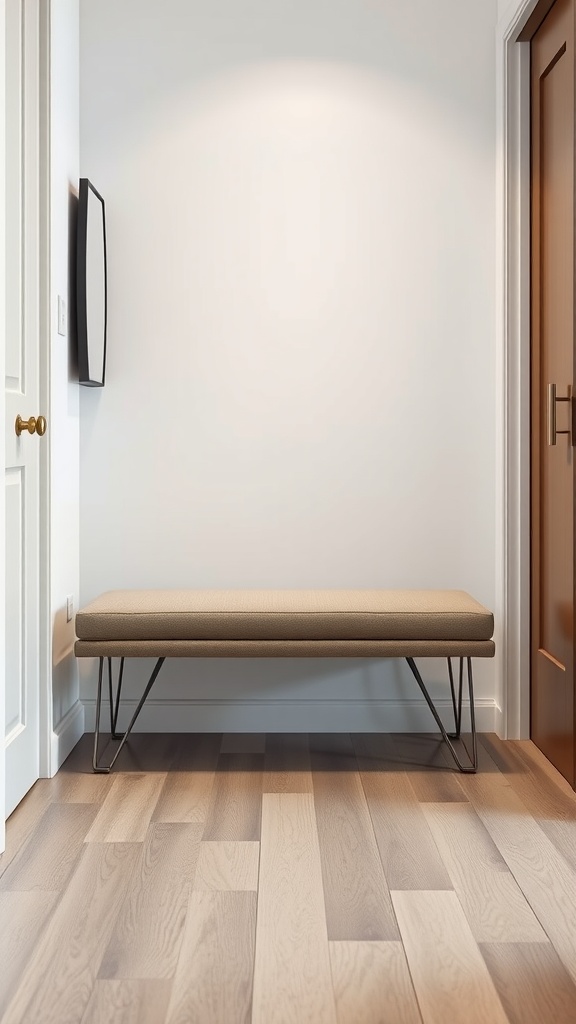 Modern upholstered bench with sleek legs in an entryway.