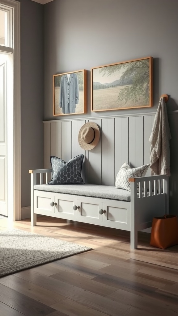 A stylish entryway bench with storage, accompanied by decorative pillows and wall art.