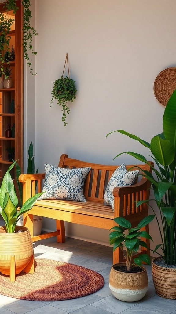 A wooden bench with decorative cushions placed among potted plants in a bright entryway.