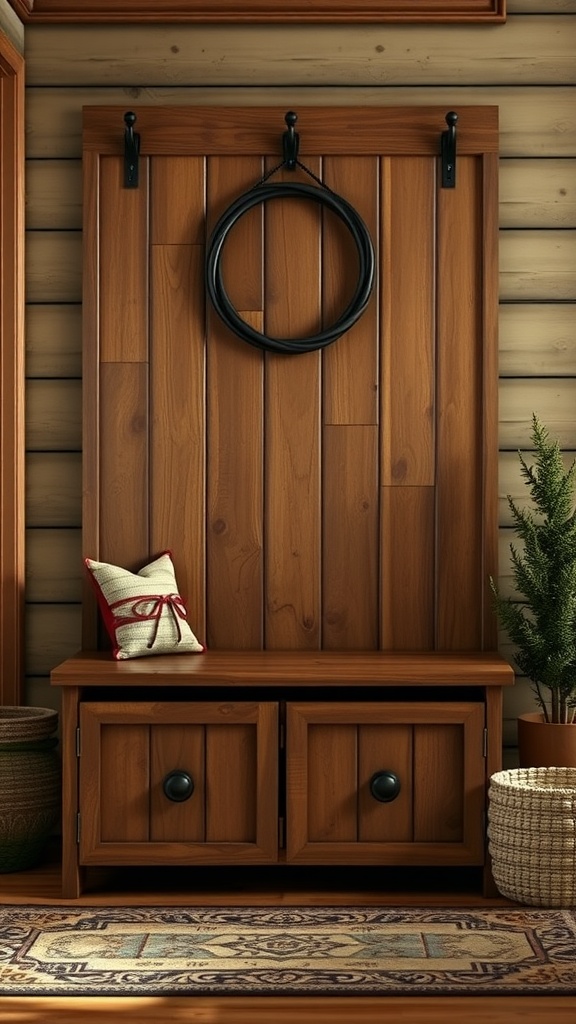 A rustic wooden bench with storage beneath and a decorative wall.