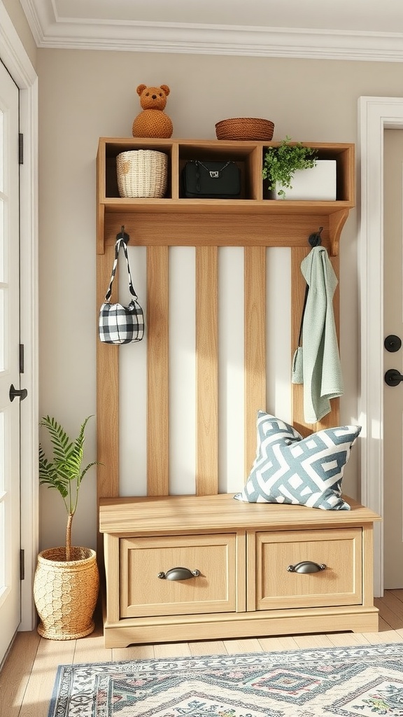 An entryway with a wooden hall tree bench featuring hooks and shelves.