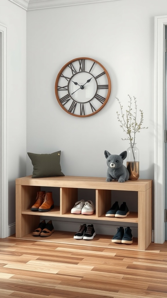 Sleek wooden bench with open shelving, shoes stored underneath, and decorative items on top.