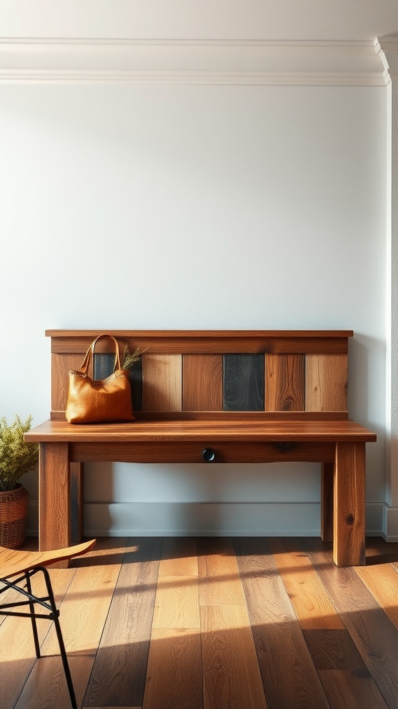 Unique entryway bench made of reclaimed wood with a warm finish and a simple design.