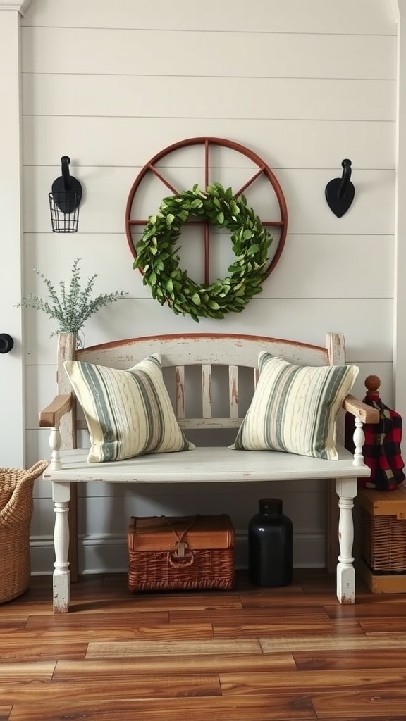 Vintage farmhouse style bench with decorative pillows and a wreath