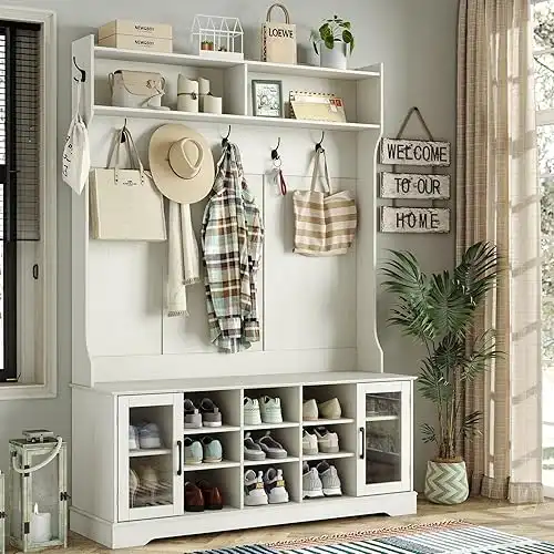 Off White Entryway Bench with Coat Rack, 10 Shoe Storage & 7 Coat Hooks & Adjustable Shelf