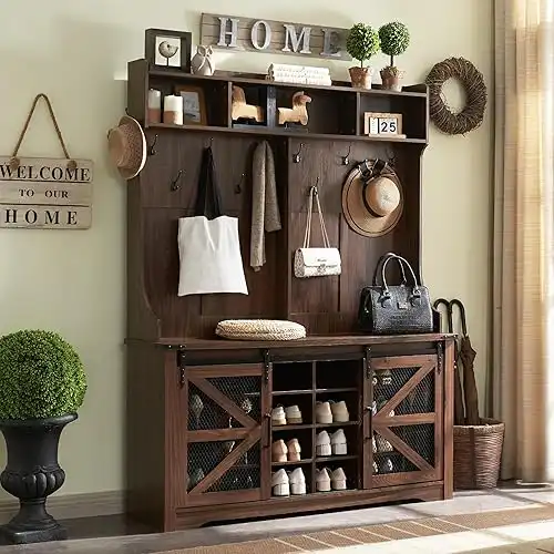 Wooden Entryway Bench with Coat Rack, Shoe Storage, and Shelves