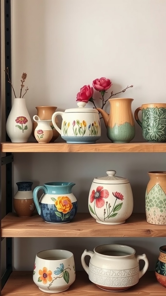 A collection of colorful artisan pottery displayed on wooden shelves