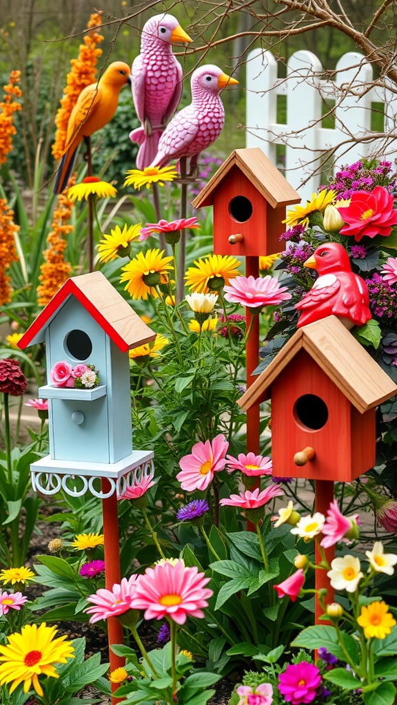 Colorful birdhouses in a vibrant garden filled with flowers