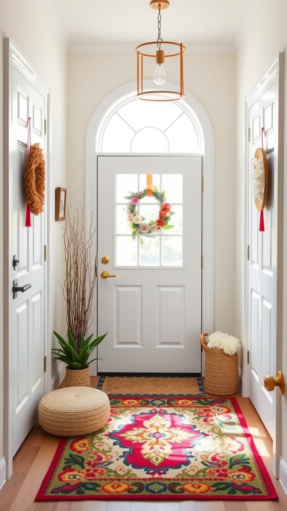 Brightly colored entryway rugs in a sunny hallway