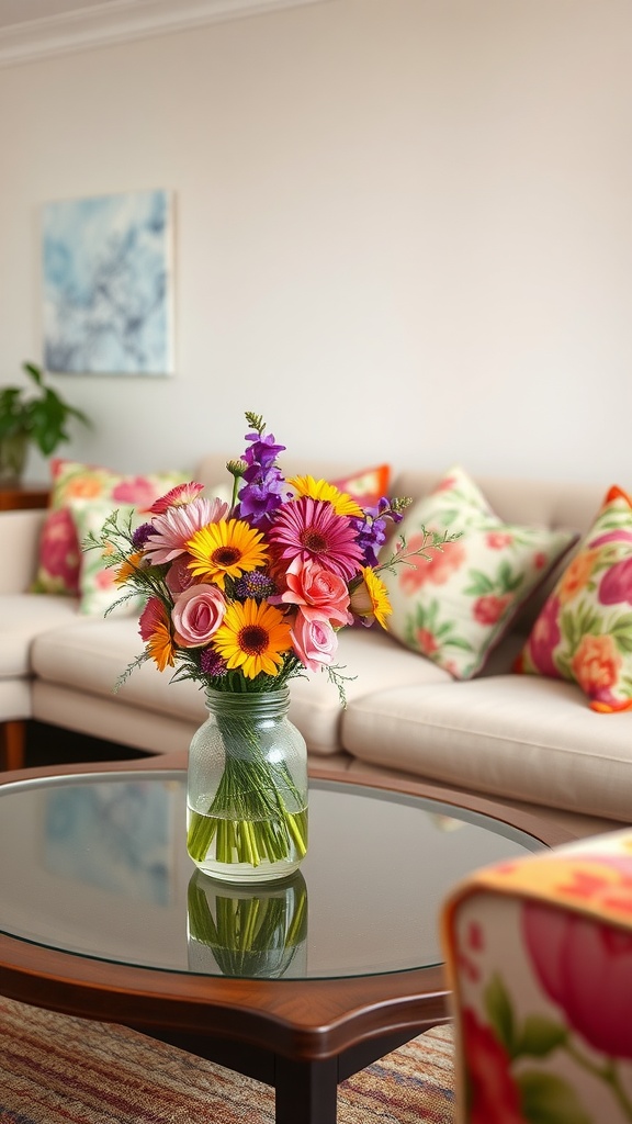 A vibrant bouquet of flowers in a glass vase on a coffee table, surrounded by colorful cushions in a living room.