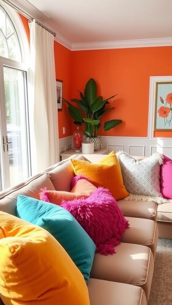 A cozy living room with a brown couch adorned with colorful throw pillows.