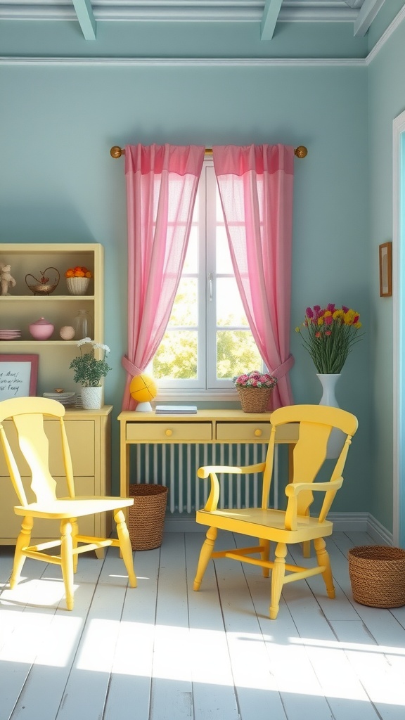 Brightly painted yellow chairs and furniture in a light and airy room with pastel curtains.