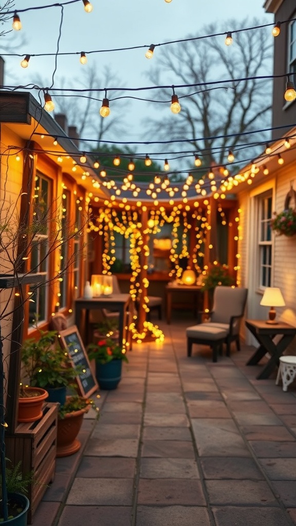 A charming outdoor space illuminated with fairy lights, creating a cozy atmosphere.