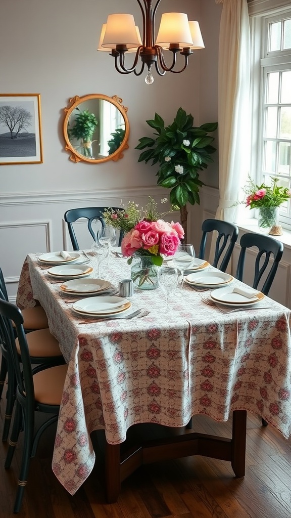 A beautifully set dining table with a floral tablecloth, fresh flowers, and elegant tableware.