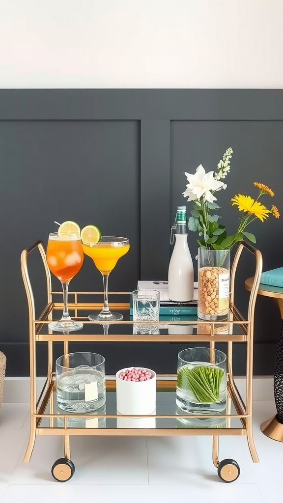 Stylish bar cart with drinks and flowers