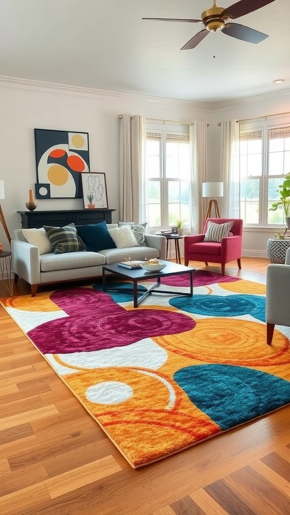 Living room featuring a colorful area rug, cozy seating, and a bright atmosphere