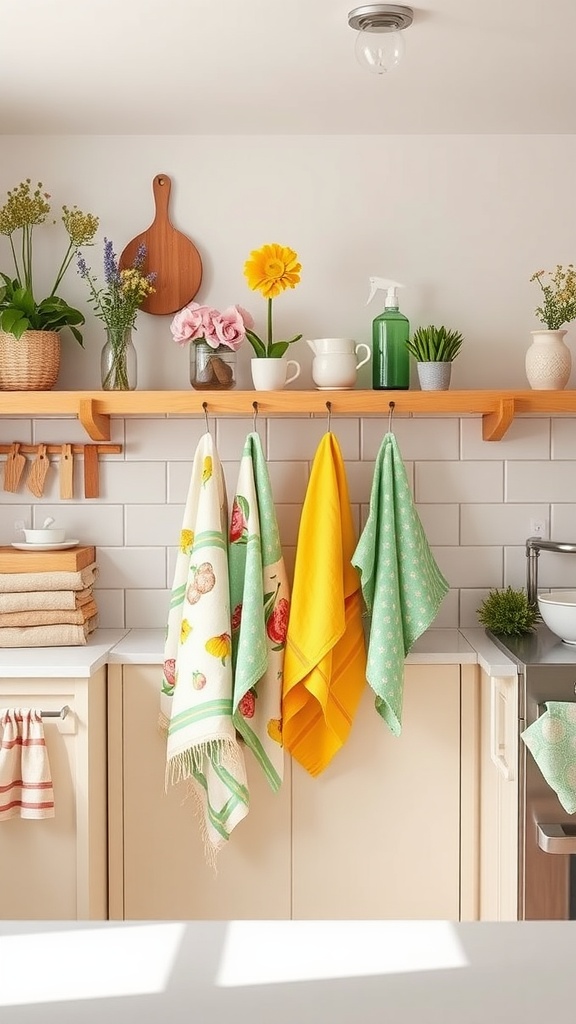 A colorful kitchen displaying various patterned towels hanging on a rack, complemented by fresh flowers in vases.