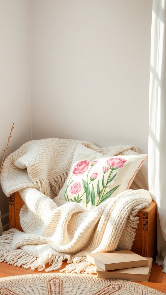 Cozy nook with soft blankets and a floral pillow in a sunlit corner