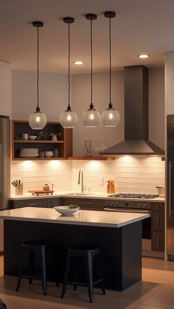 A modern kitchen with stylish pendant lights above the island