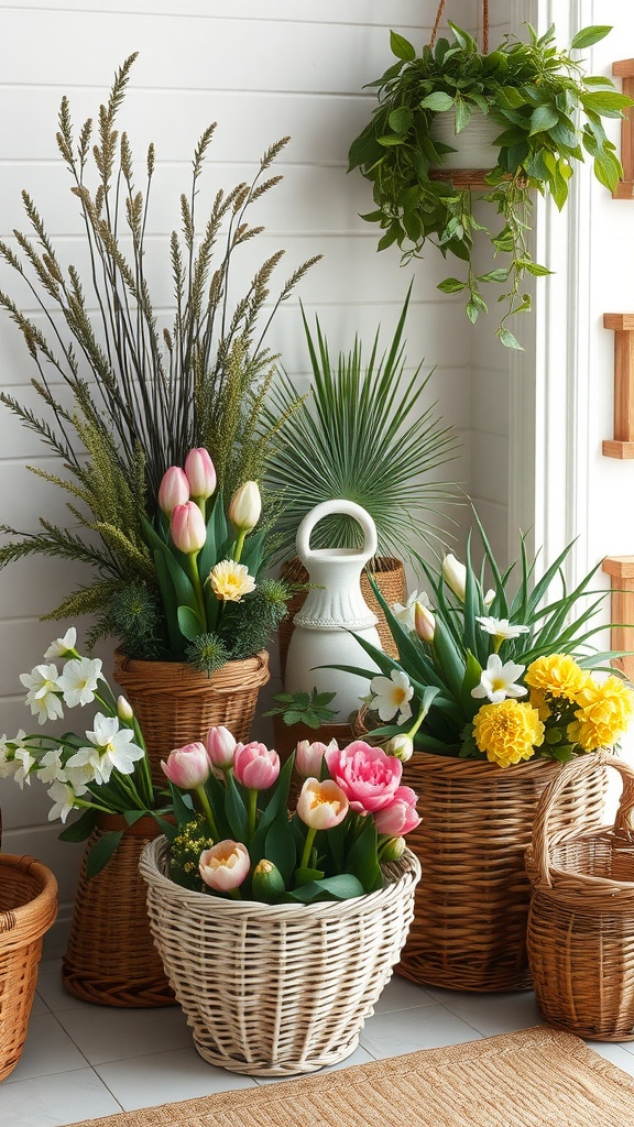 A collection of decorative baskets filled with various flowers and greenery, adding a fresh spring vibe.