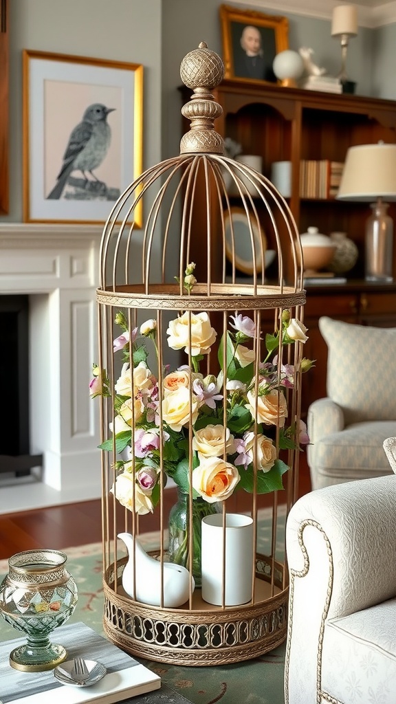 A living room featuring decorative birdcages with flowers and plants, creating a cozy atmosphere.