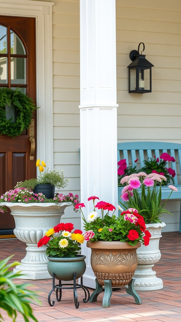 A collection of decorative garden planters with colorful flowers on a porch.