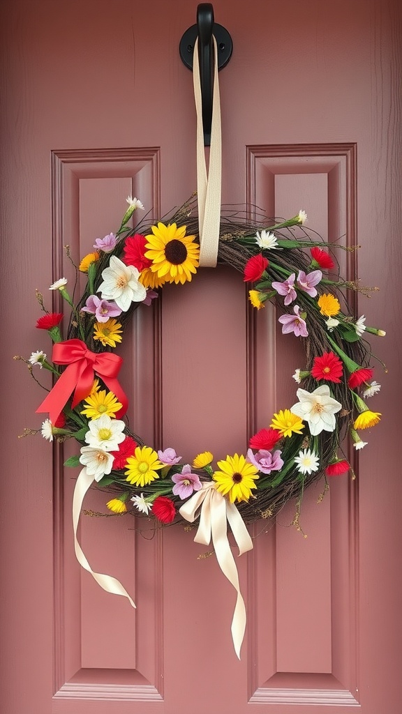 A vibrant spring wreath adorned with sunflowers, colorful flowers, and a red ribbon hanging on a door.