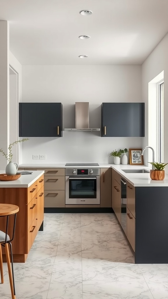 Modern kitchen with dual-tone cabinetry featuring dark and light colors.