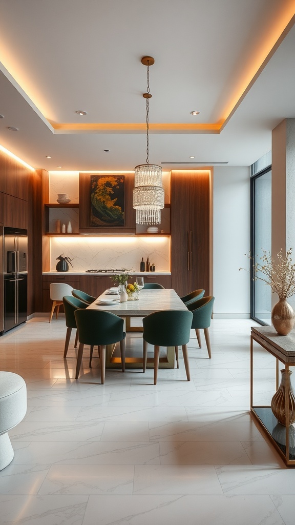 A modern kitchen featuring an elegant dining area with stylish seating and decorative lighting.