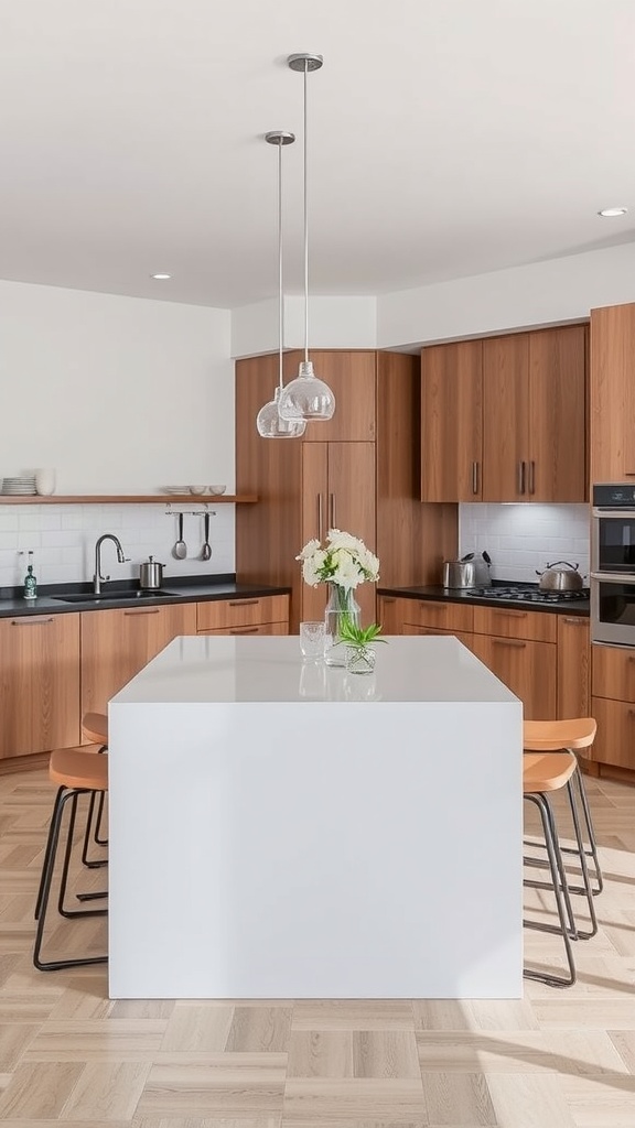 Modern kitchen with a white island and wooden cabinets