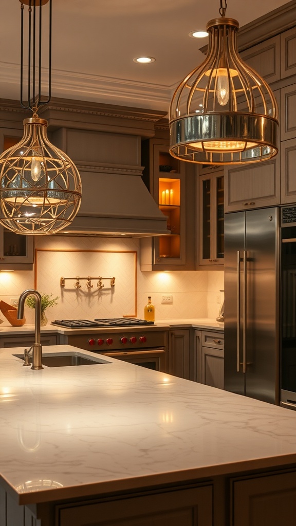 A modern luxury kitchen featuring elegant pendant lighting and a sleek countertop.