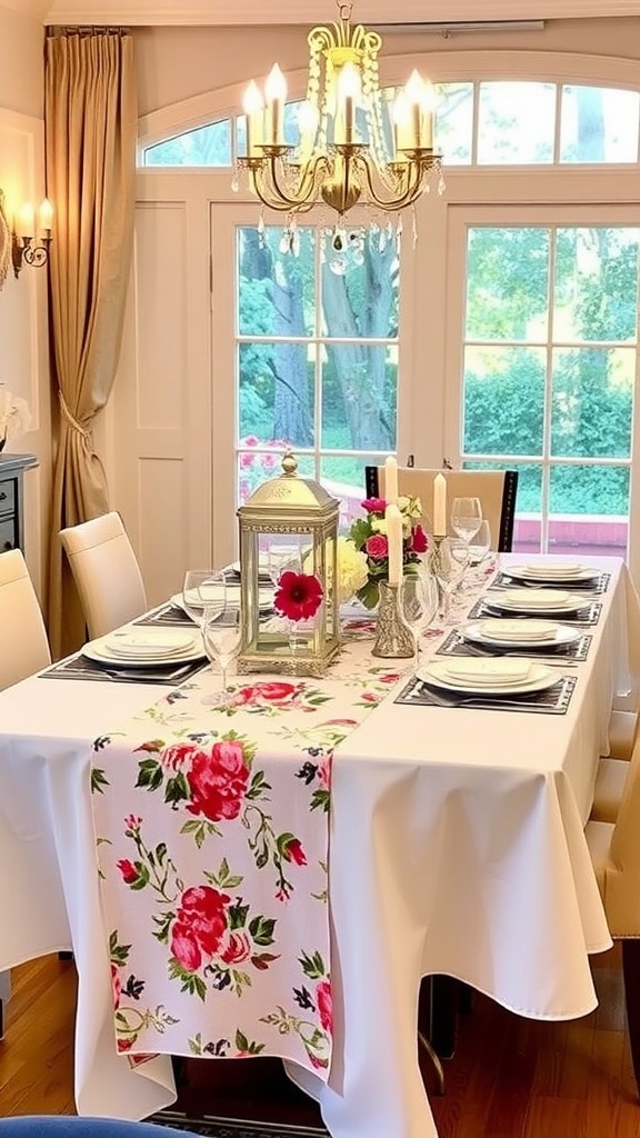 A beautifully set dining table featuring a floral table runner and a vase of flowers.