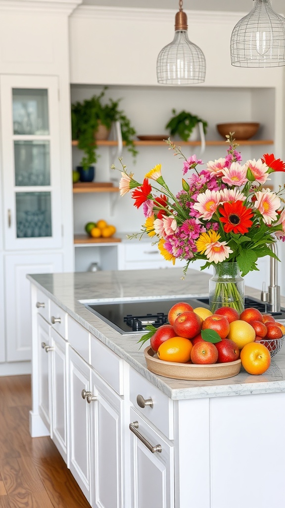 Colorful fruit display with apples, lemons, and oranges on a kitchen counter.