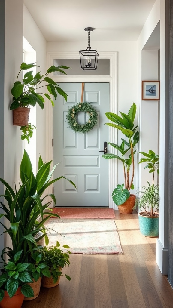 A bright hallway featuring a blue door with a wreath, surrounded by various potted plants.